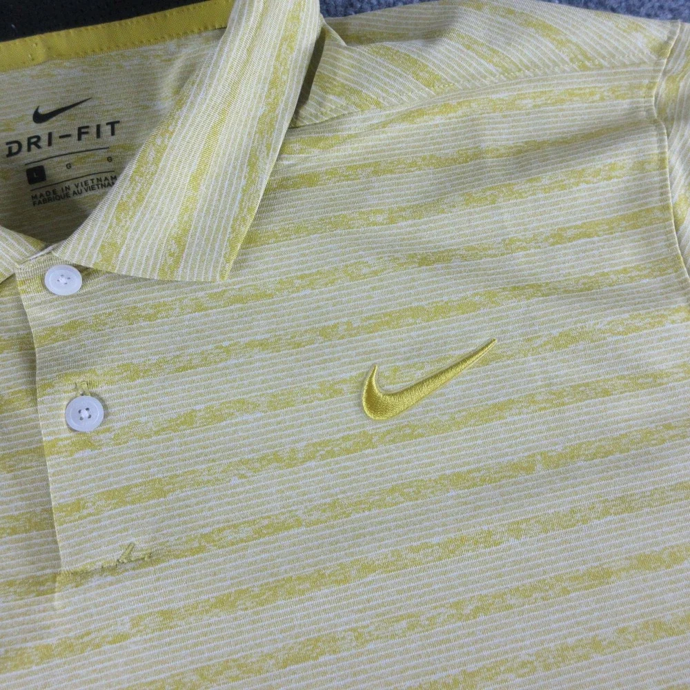 Nike Dri-FIT Polo Shirt Mens L Yellow Striped Short Sleeve Golf Performance